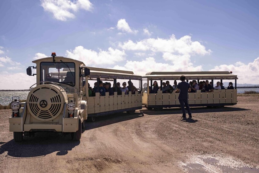 A vintage train with passengers, a guide, and a scenic coastal backdrop. 1