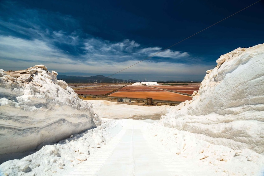 A salt flat with a clear sky, distant mountains, and wind turbines. 2