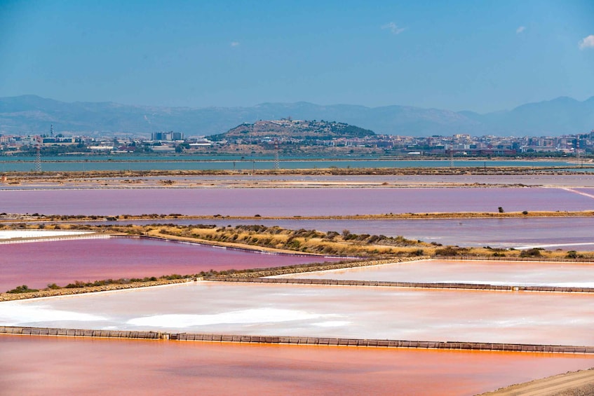 A salt flat with a city in the background. 3