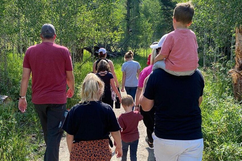 A group of people walking on a path surrounded by greenery. 4