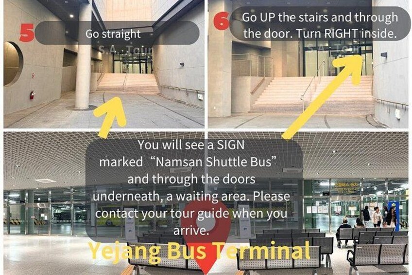 Terminal de autobuses con señalización clara para el autobús lanzadera de Namsan y un área de espera. 5