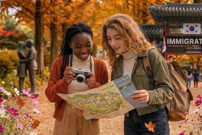 Twee personen bestuderen een kaart in een park met herfstkleuren en een standbeeld op de achtergrond. 1