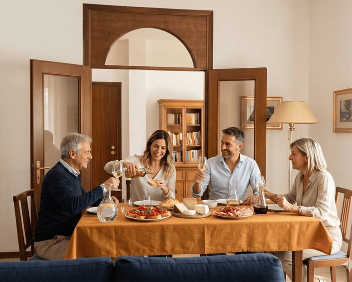 A family dining at a table with food and wine. 5