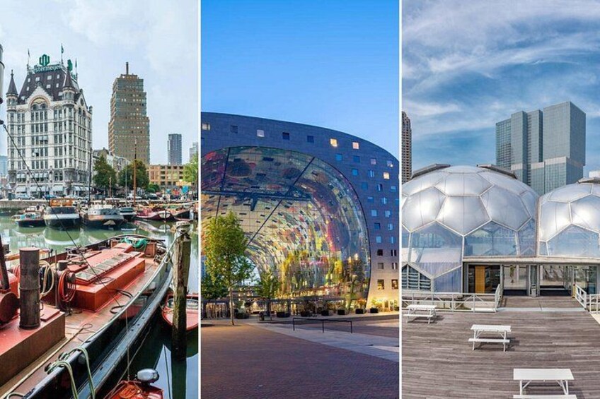 A harbor with boats, a modern building with a curved facade, and a rooftop with spherical structures. 1