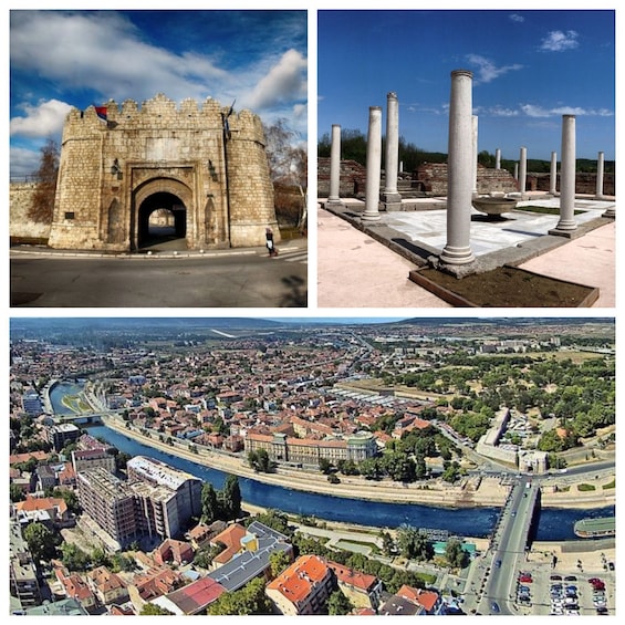 A historic stone gate, ancient columns, and a river flowing through a city. 1