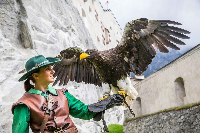 A person in costume holding a bird of prey with outstretched wings. 2