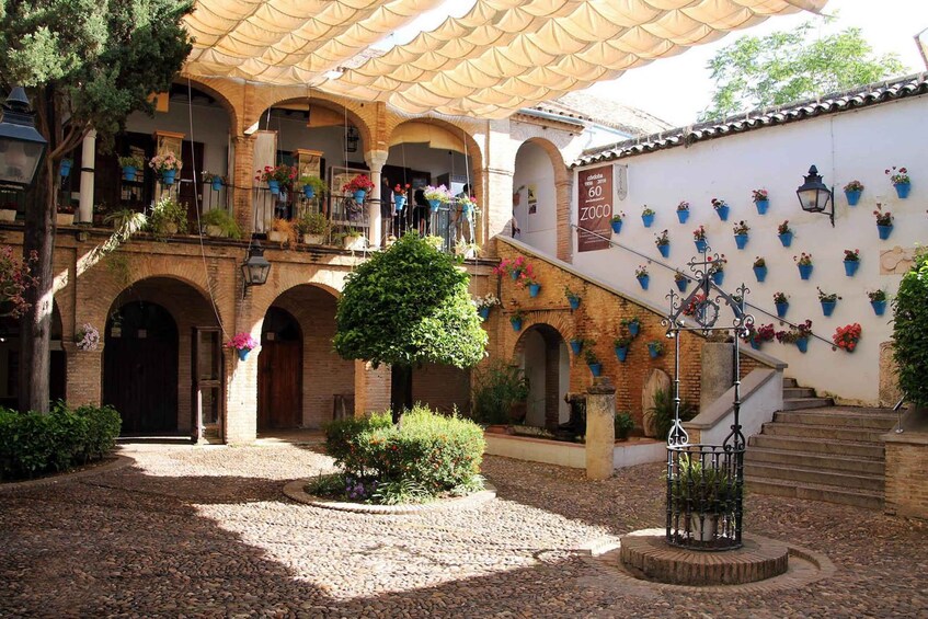 A courtyard with a tiled floor, a central tree, and a staircase with potted plants. 5