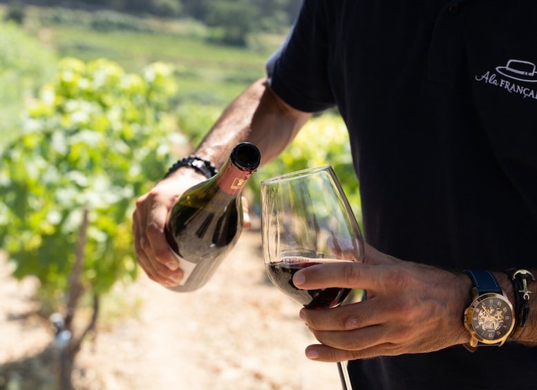 Une personne tenant une bouteille de vin et un verre, portant une montre et une chemise ornée d’un logo. 4