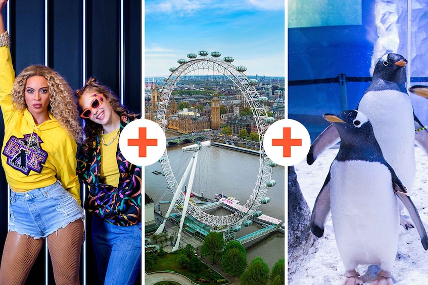 A Ferris wheel, a cityscape, and penguins. 1