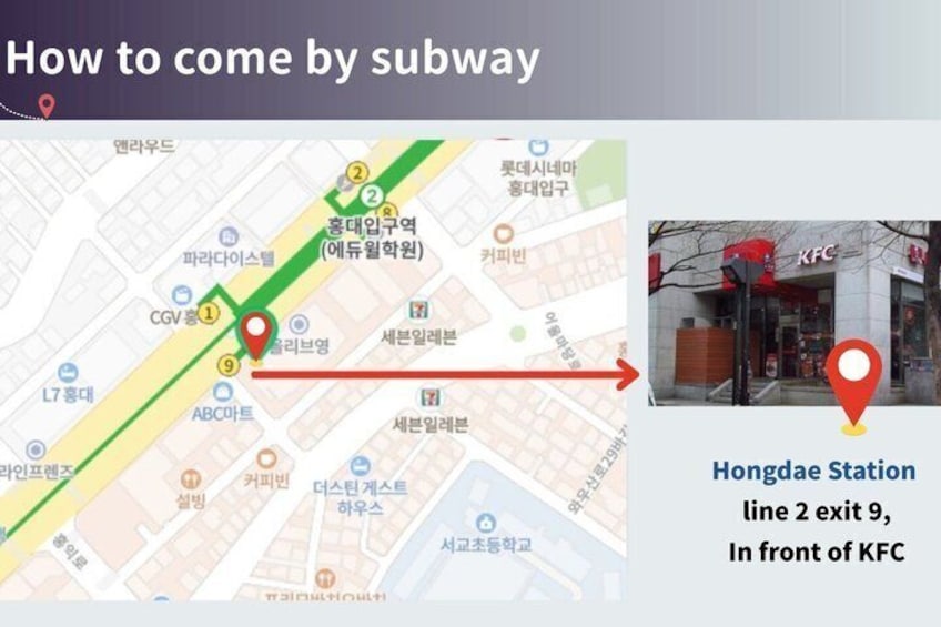 Een metrokaart met een rode lijn en een KFC restaurant. 2