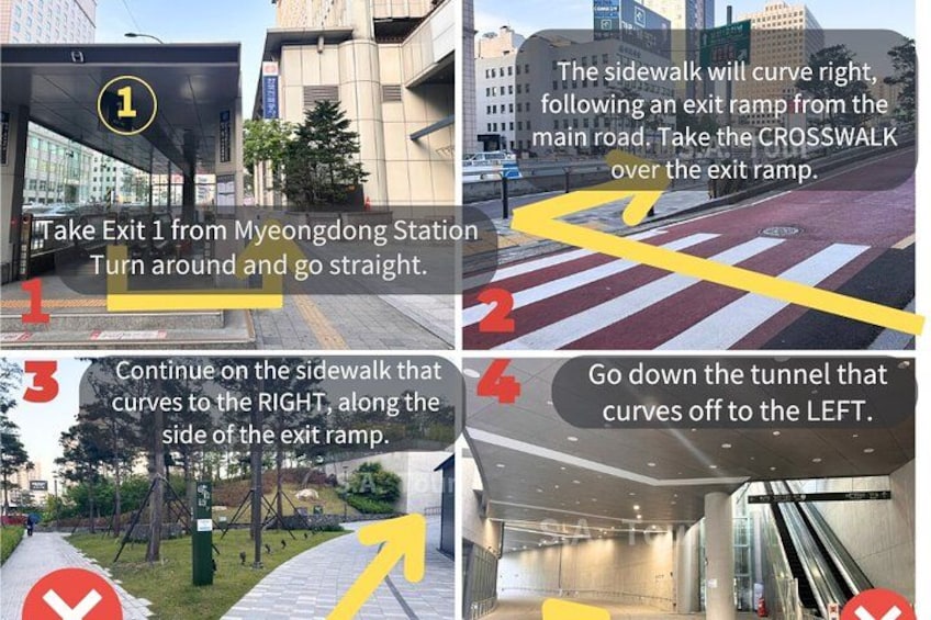 A subway station with a pedestrian walkway curving to the right, a tunnel curving off to the left, and a crosswalk over an exit ramp. 2