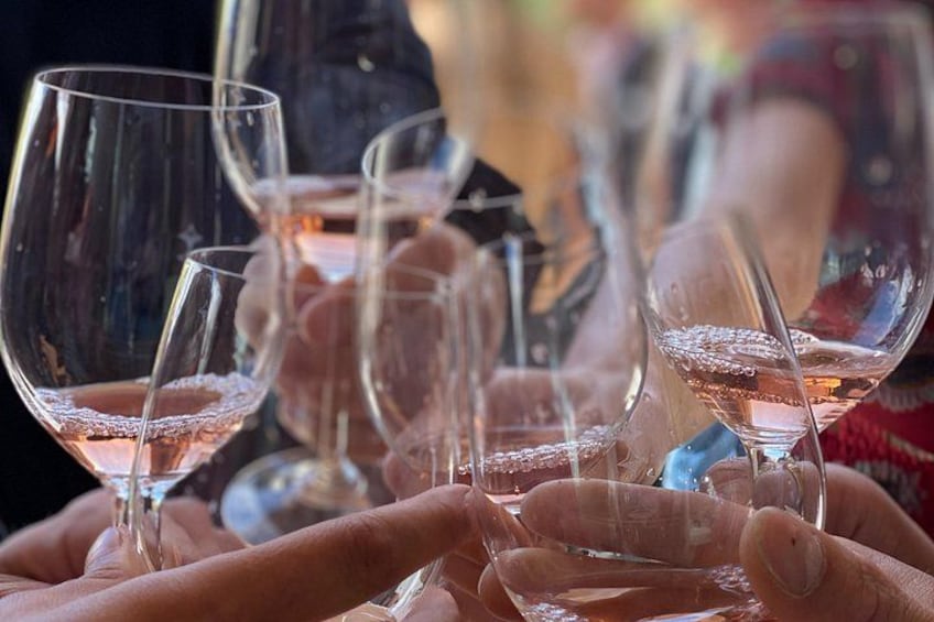 A group of people holding wine glasses with a pink liquid, possibly rosé wine, in a social setting. 2
