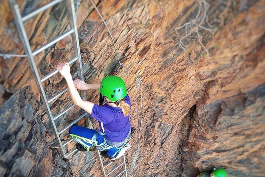A person climbing a metal ladder on a rocky surface. 5
