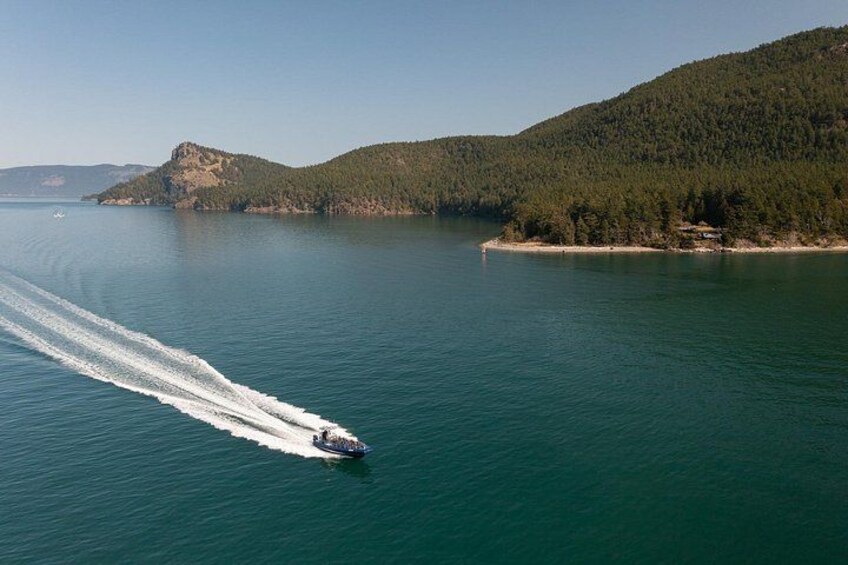 A boat speeding across a calm lake with a mountainous landscape in the background. 5