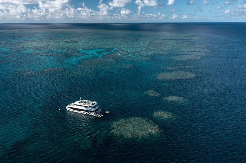 A cruise ship in clear turquoise waters with coral formations. 3