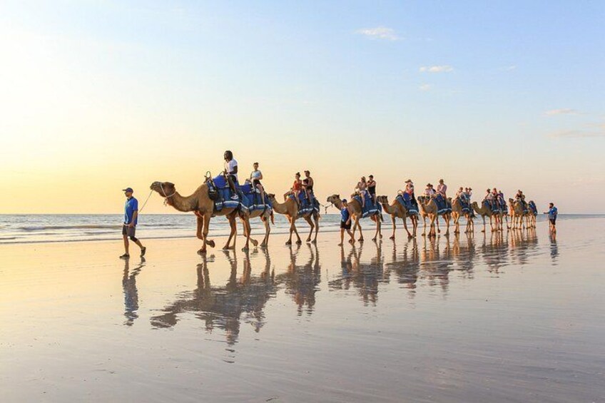 Une caravane de chameaux sur une plage au coucher du soleil. 2