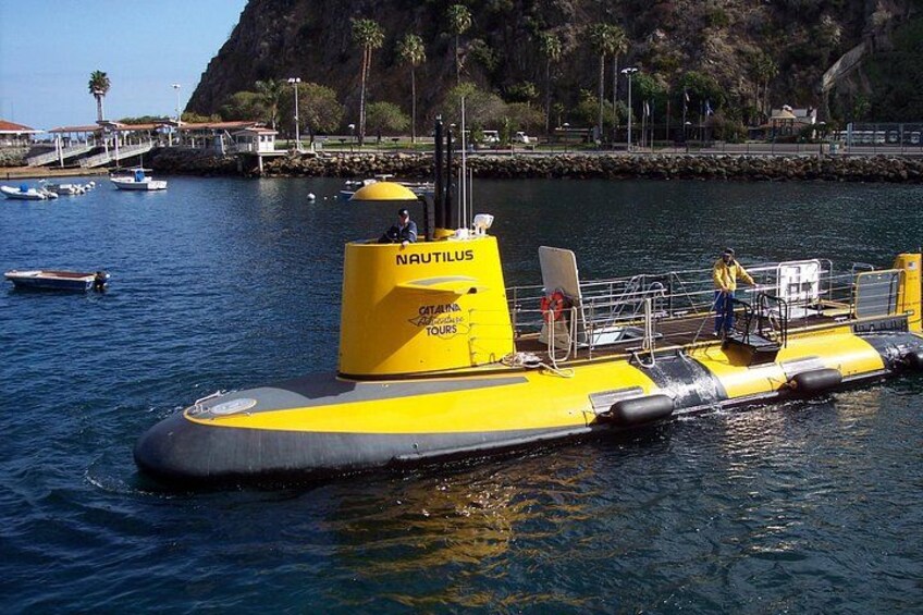 A yellow and gray boat named 'NAUTILUS' docked at a marina with other boats and a rocky hillside in the background. 3