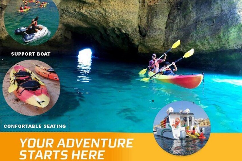 Una cueva con kayakistas, un bote de apoyo y una embarcación con pasajeros. 3