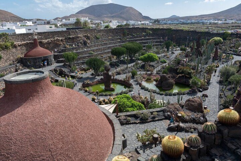 A terraced garden with cacti and a red-roofed structure. 3