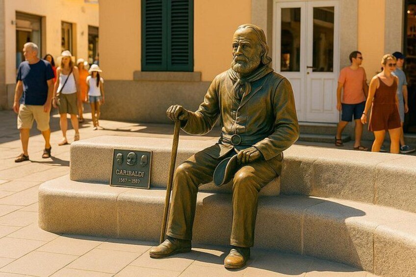 Eine bronzene Statue eines sitzenden Mannes mit Stock, mit der Aufschrift 'CARIBAJDI (1567-1587)' auf einem Steinfußboden im Freien. 4