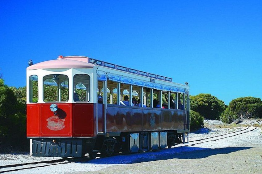 A vintage tram with passengers, traveling on tracks, surrounded by greenery and clear skies. 1
