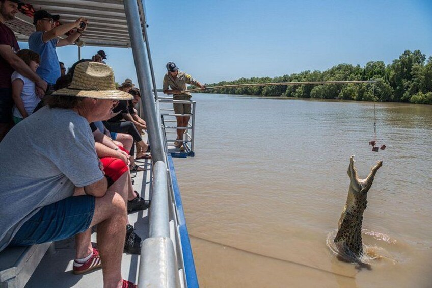 A boat with people observing a crocodile in the water. 2