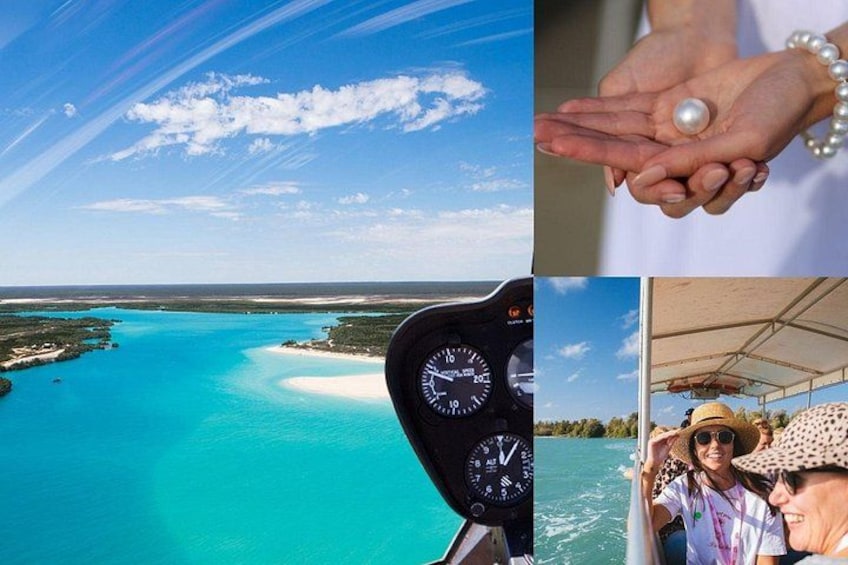 A turquoise sea, a boat's dashboard, and a person wearing a hat. 1