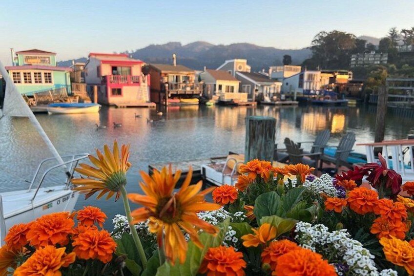 A waterfront with colorful houses, boats, and a variety of flowers in the foreground. 3