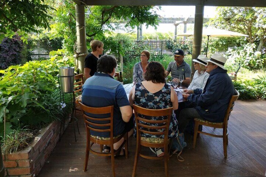 Julie explaining the wine at Hunters