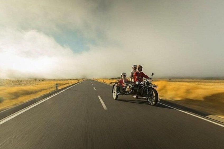 A motorcycle with a sidecar on a road in a desert landscape. 2