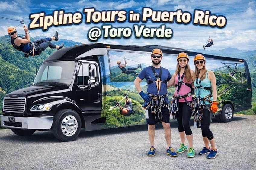 A black tour bus with people in safety harnesses, a helicopter, and a scenic view of a mountainous landscape. 1