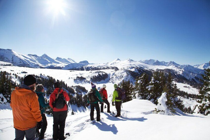 A group of people hiking on a snow-covered mountain with a clear sky and distant mountains. 1