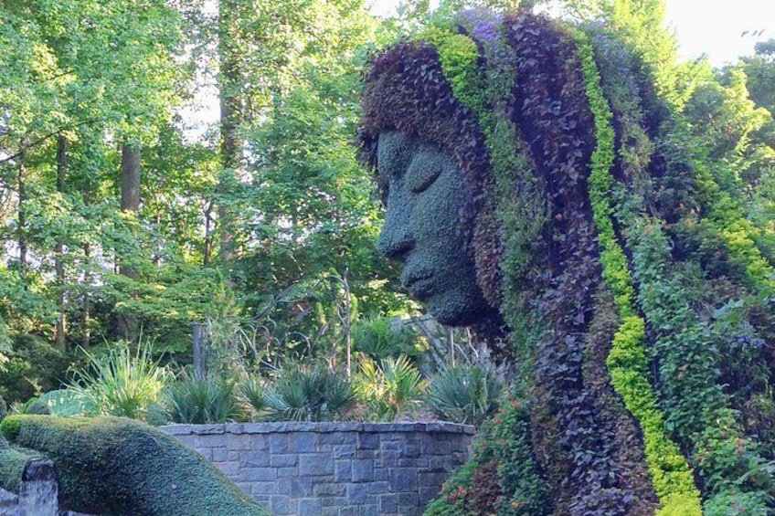 A garden sculpture of a face with ivy. 3