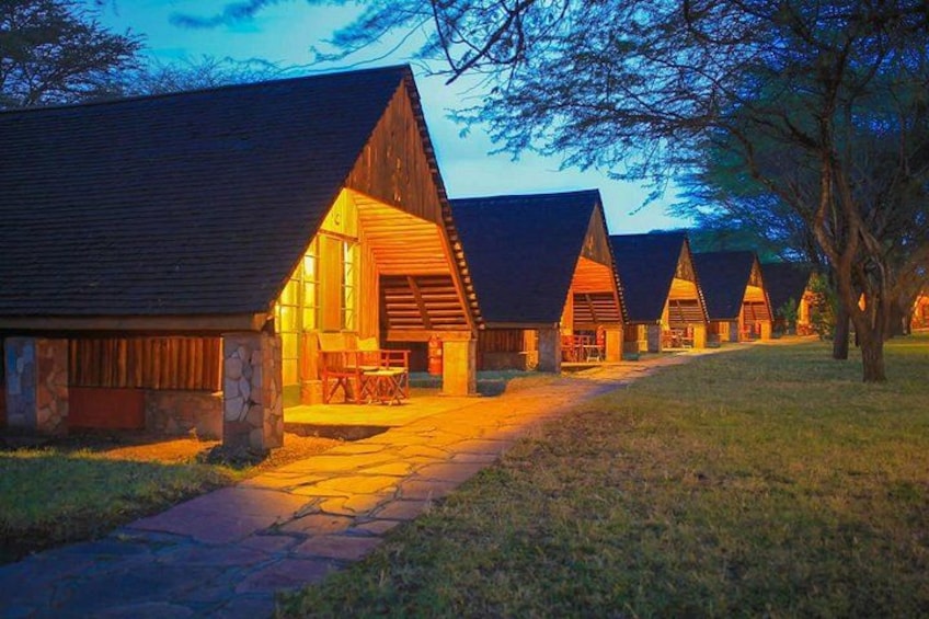 A row of wooden cabins with stone foundations, a paved path, and trees in the background. 1