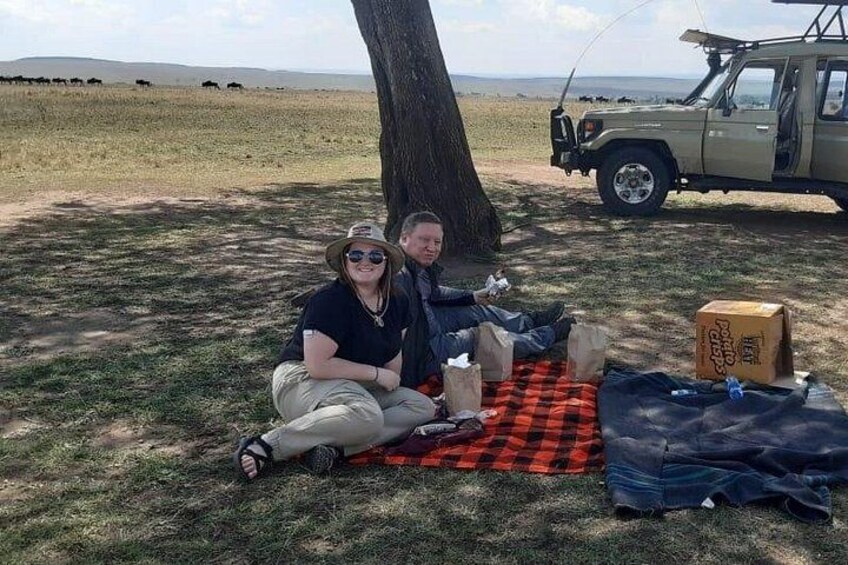 Two people sitting on a blanket with a tree and a vehicle in the background. 2
