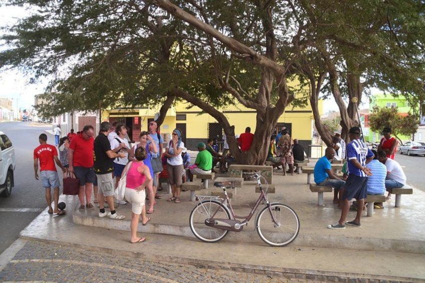 Un grupo de personas sentadas en bancos bajo árboles, una bicicleta estacionada en la acera y un edificio al fondo. 5