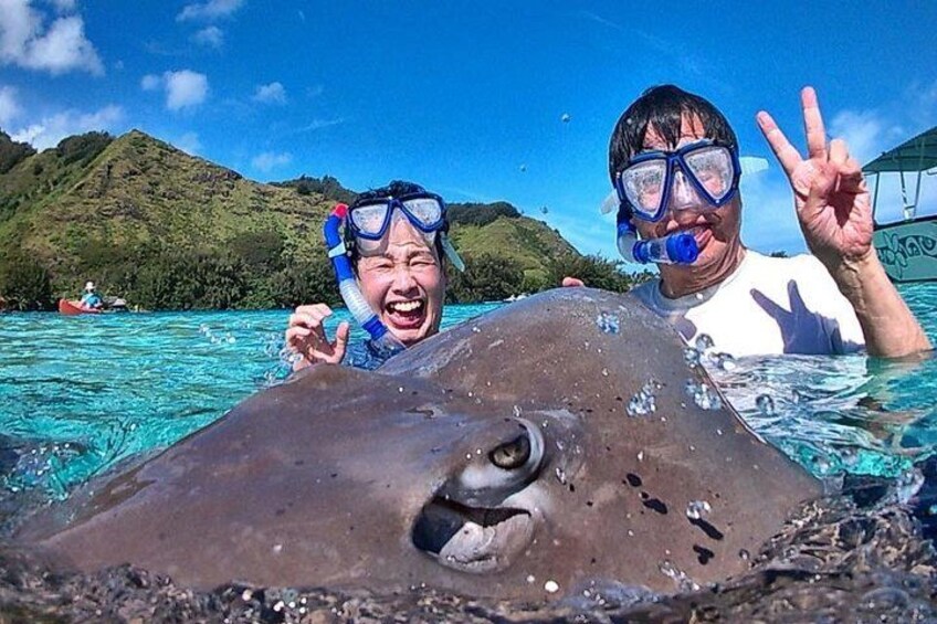 A person and a stingray in clear water with a boat and mountains in the background. 4