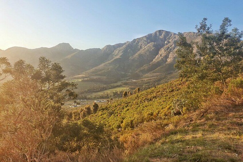 A mountainous landscape with a valley, trees, and a clear sky. 4