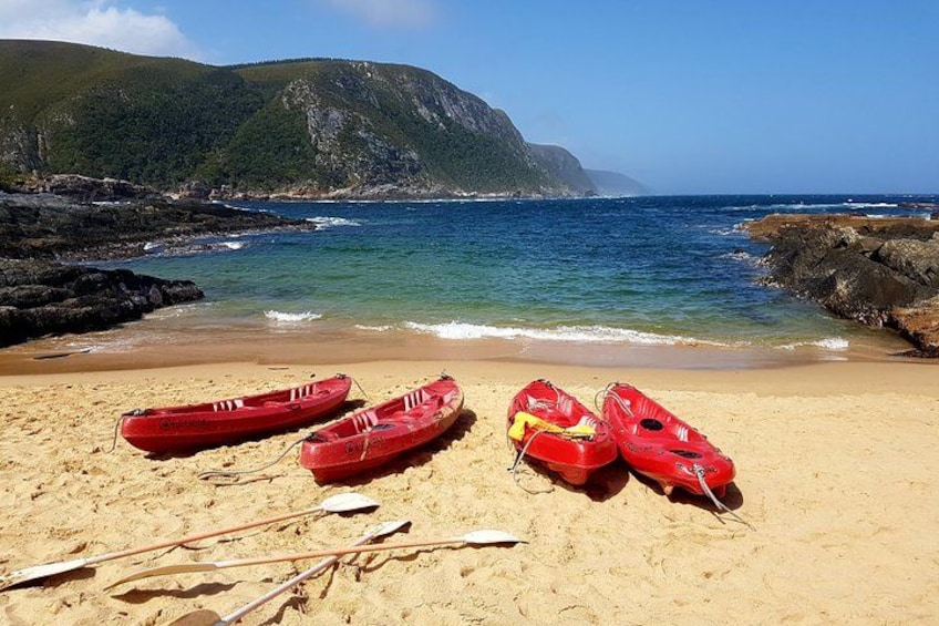 A beach with three red kayaks and a pair of paddles on the sand. 3