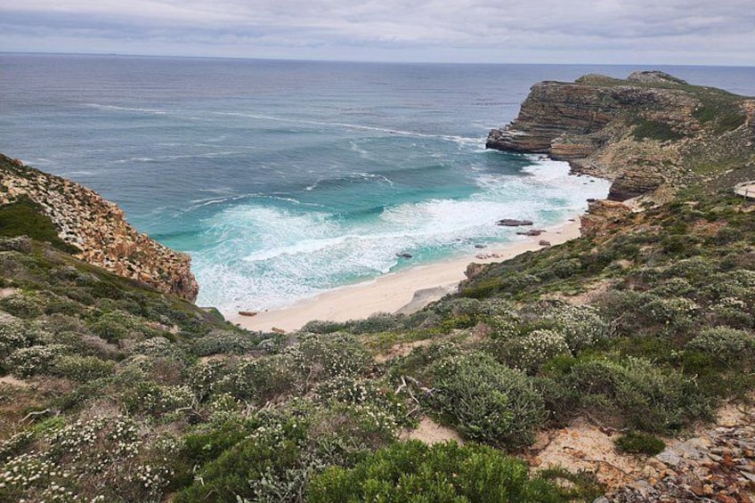 A coastal landscape with a beach, cliffs, and vegetation. 4