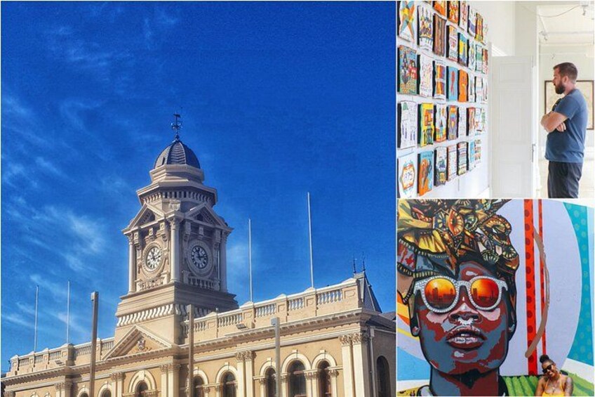 A clock tower, a building with arches, and a colorful mural. 5