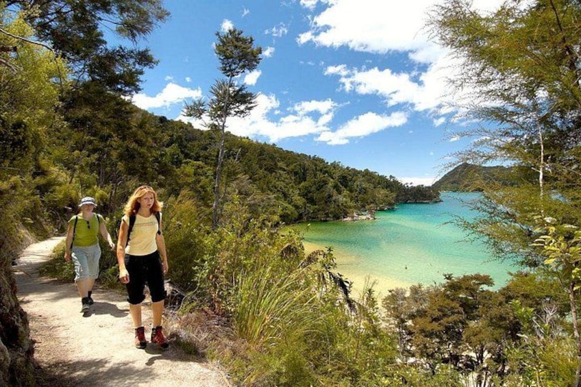 A hiking trail with two people walking, surrounded by lush greenery and a clear blue lake. 1