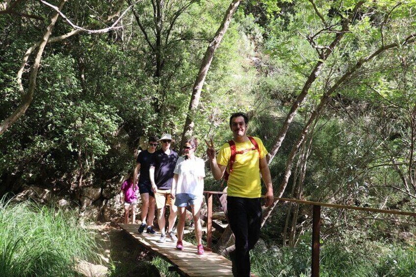 A group of people walking on a wooden bridge in a forested area. 2