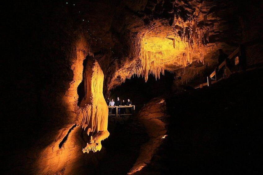 A cave with stalactites and a wooden walkway. 3