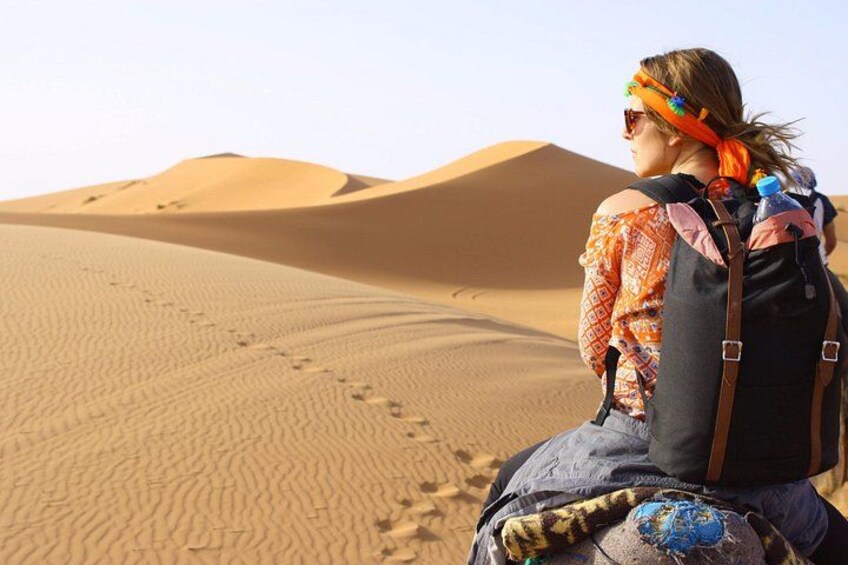 A person riding a camel in a desert with sand dunes in the background. 1