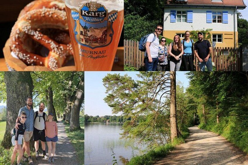 Un pretzel, una jarra de cerveza, una casa, un grupo de personas, un sendero bordeado de árboles y un lago. 1