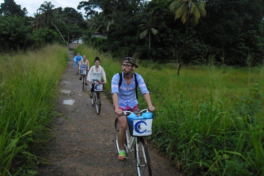 Cyclists on a dirt path surrounded by greenery. 1