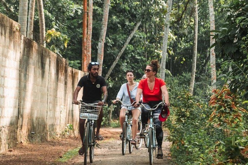 A group of people riding bicycles on a dirt path surrounded by trees. 5
