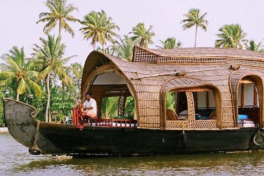 A houseboat with a thatched roof, a person sitting on the deck, and palm trees in the background. 1