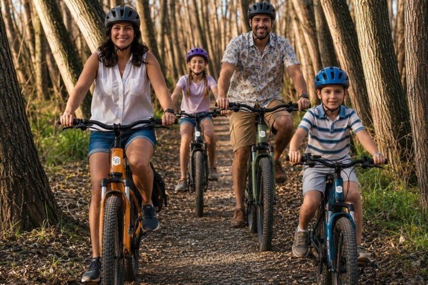 A family of four on bicycles on a forest trail. 1